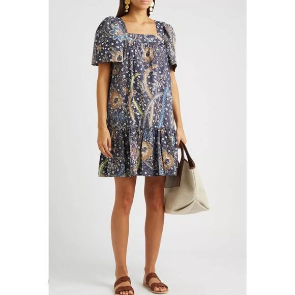 Cara Cara Janie Blue Floral Print Cotton Mini Dress Puff Sleeve Size Large - Picture 1 of 10